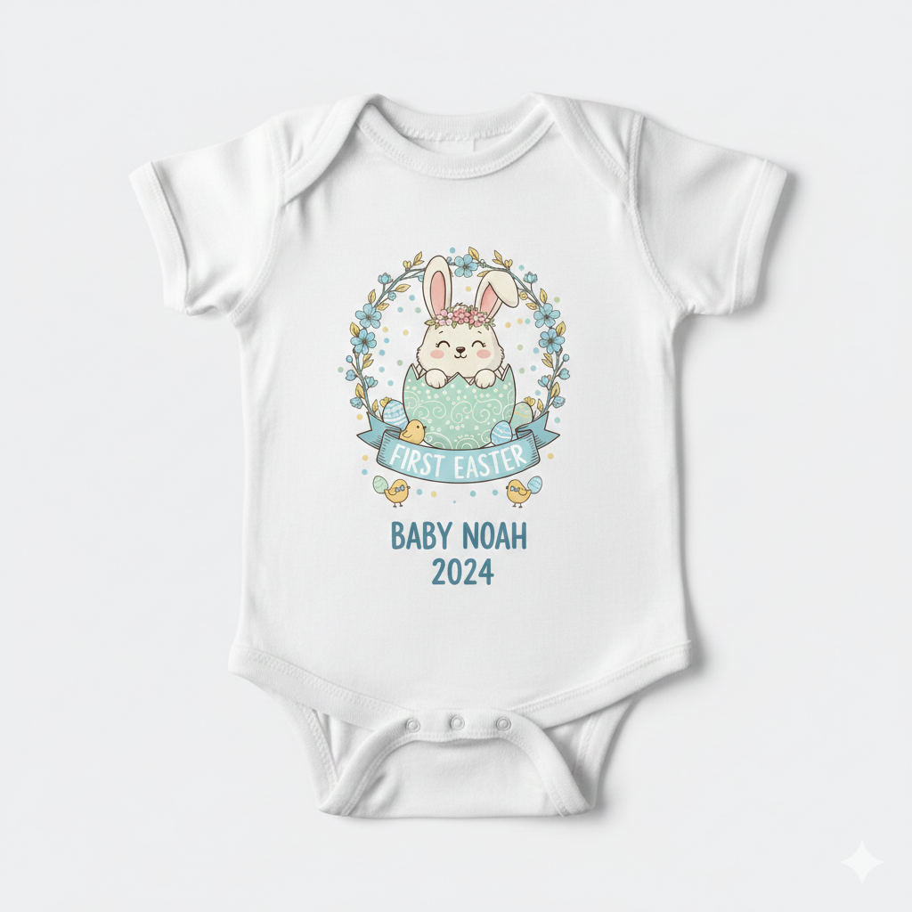 Baby Boy First Easter Floral Bunny Baby Onesie – Custom Year & Name