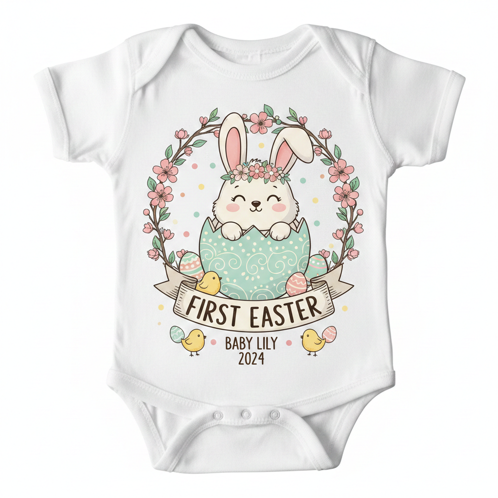 Baby Girl First Easter Floral Bunny Baby Onesie – Custom Year & Name